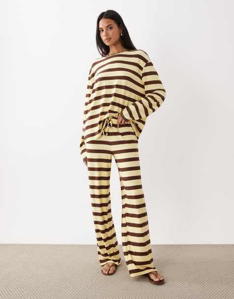 Kaiia super soft jersey tank top, long sleeve top, shorts and trousers co-ord in lemon and chocolate - view 1