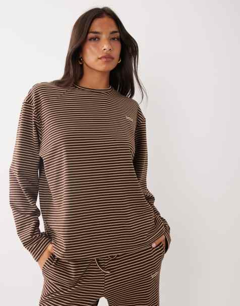Kaiia super soft long sleeve oversized top in brown and cream stripes - part of a set - view 1