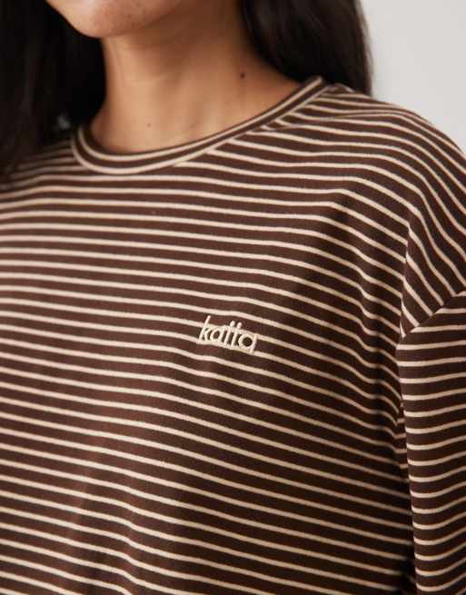 Kaiia super soft long sleeve oversized top in brown and cream stripes - part of a set, 2 of 4