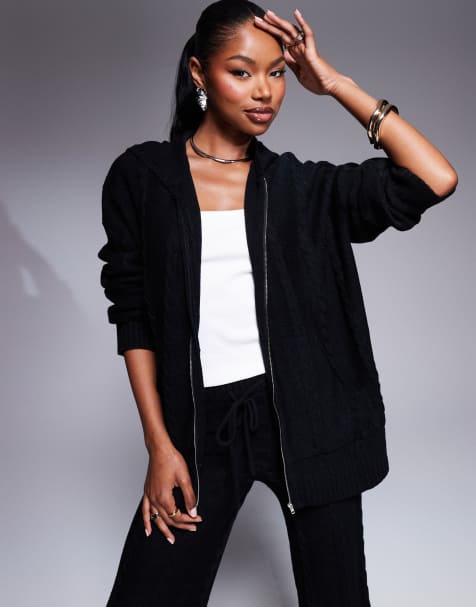 Kaiia – Svart kabelstickat set med huvtröja och vida byxor med dragkedja - view 1