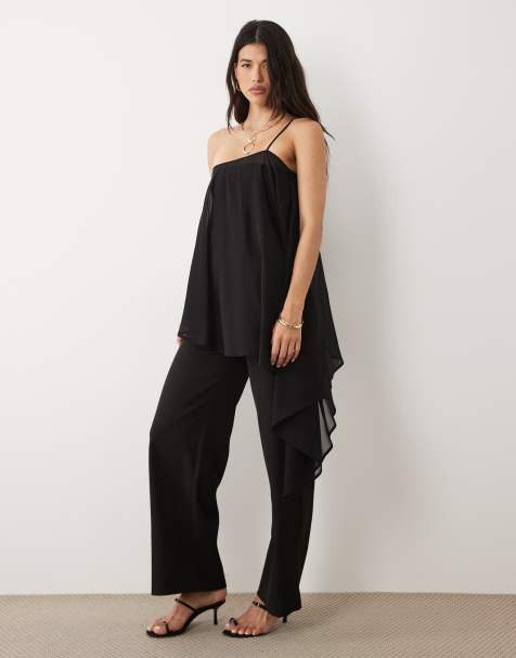 Kaiia – Svart set i chiffong med enaxlad, asymmetrisk topp med drapering och byxor, exklusivt hos ASOS - view 1