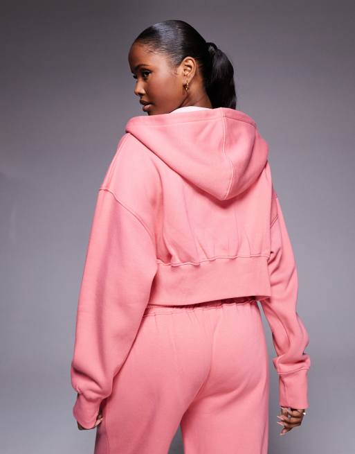 Kaiia - Sweat à capuche court zippé d'ensemble avec logo et nœud brodés - Corail et rose pastel, 2 de 4