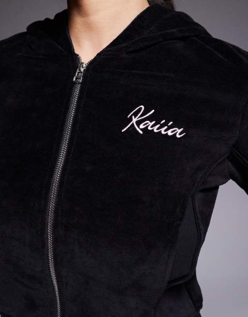 Kaiia - Sweat à capuche court zippé en velours avec logo brodé - Noir et rose pâle, 4 de 4