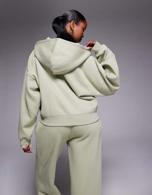 Kaiia - Sweat à capuche d'ensemble court en coton majoritaire à fermeture éclair, coutures apparentes et logo brodé - Olive clair  , 4 de 4