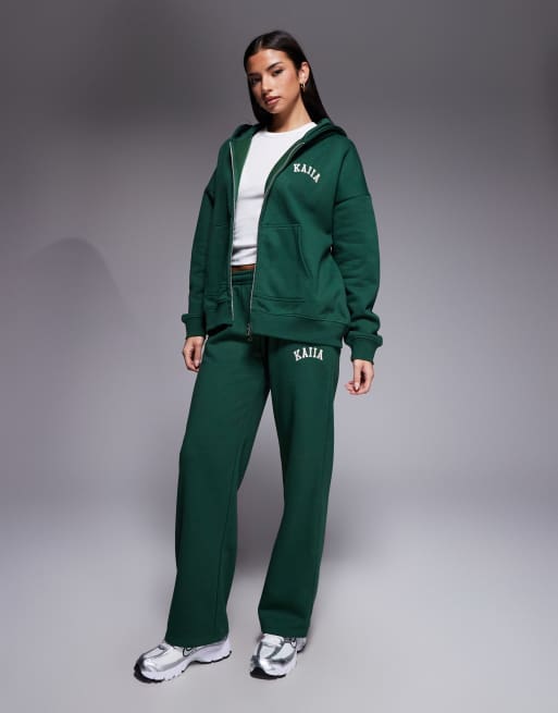 Kaiia - Sweat à capuche d'ensemble en coton majoritaire à fermeture éclair et broderie logo - Vert forêt, 3 de 4