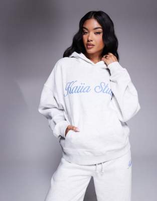 Kaiia - Sweat à capuche d'ensemble en coton mélangé avec logo script brodé - Gris chiné et bleu