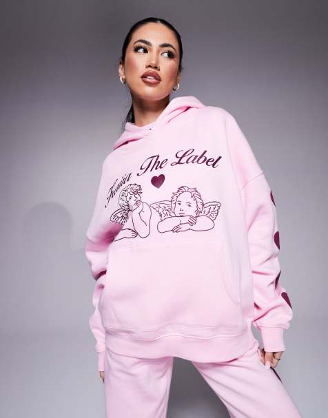 Kaiia - Sweat à capuche d'ensemble oversize avec logo ange et cœur bombé - Rose et bordeaux - view 1