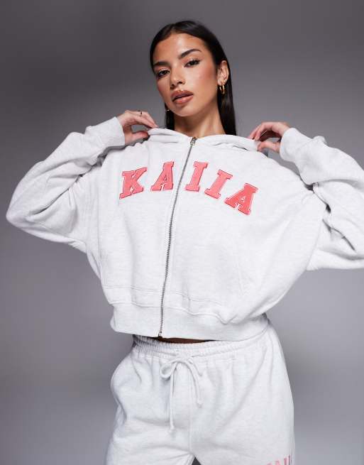 Kaiia - Sweat à capuche d'ensemble oversize en coton majoritaire à fermeture éclair et broderie logo - Gris chiné/corail