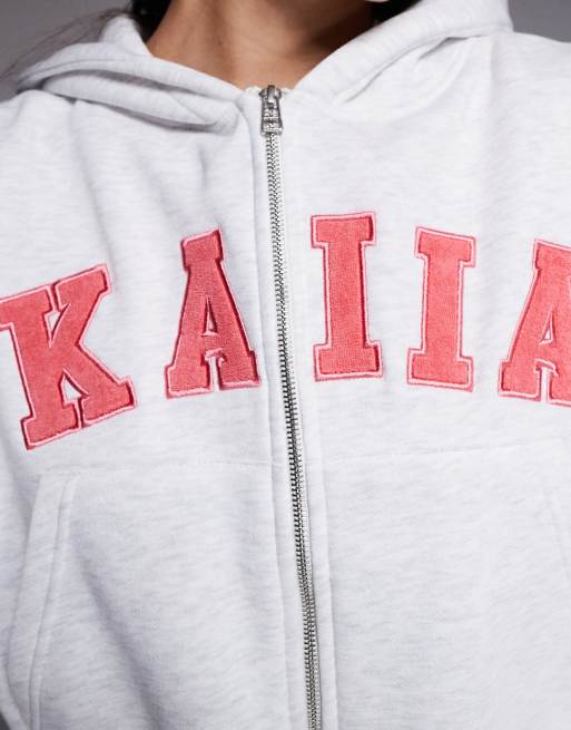 Kaiia - Sweat à capuche d'ensemble oversize en coton majoritaire à fermeture éclair et broderie logo - Gris chiné/corail, 2 de 4