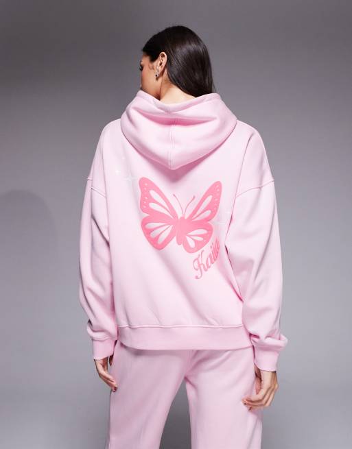 Kaiia - Sweat à capuche d'ensemble oversize en coton majoritaire à imprimé graphique en relief au dos - Rose pastel et corail, 2 de 4
