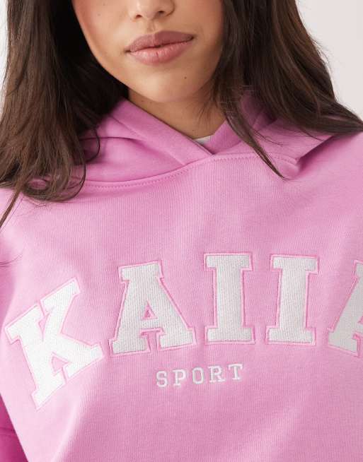 Kaiia - Sweat à capuche d'ensemble oversize en coton majoritaire à logo brodé - Rose clair, 3 de 4
