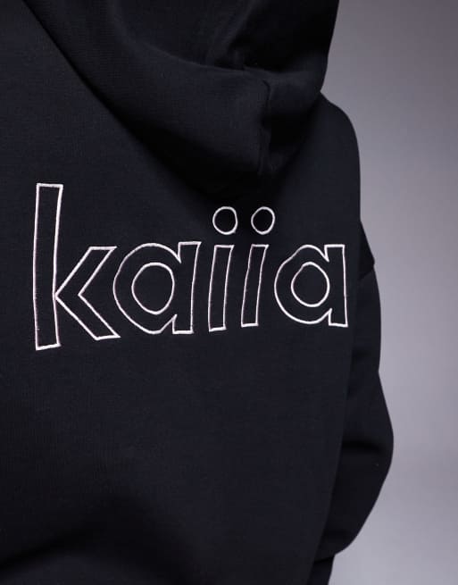 Kaiia - Sweat à capuche d'ensemble oversize en coton majoritaire à logo dans le dos - Noir et rose  , 3 de 4