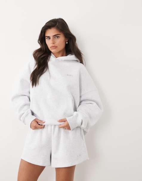 Kaiia - Sweat à capuche d'ensemble oversize en coton majoritaire avec logo en métal argenté - Gris chiné - view 1
