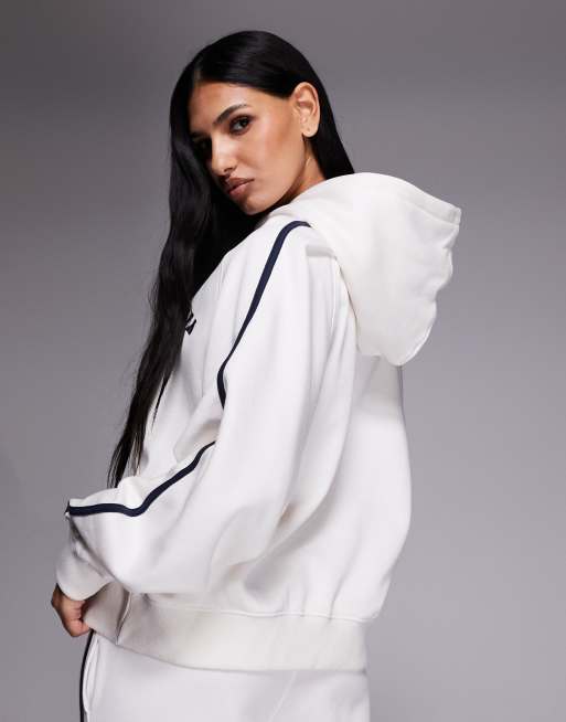 Kaiia - Sweat à capuche d'ensemble oversize en coton mélangé avec broderie logo et bande latérale - Crème/bleu marine, 4 de 4