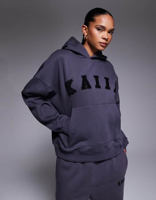 Kaiia - Sweat à capuche d'ensemble oversize en coton mélangé avec logo - Gris foncé  , 4 de 5