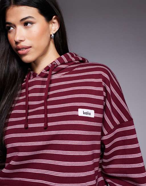 Kaiia - Sweat à capuche d'ensemble oversize en coton mélangé avec patch logo - Rayures bordeaux et crème  , 2 de 4