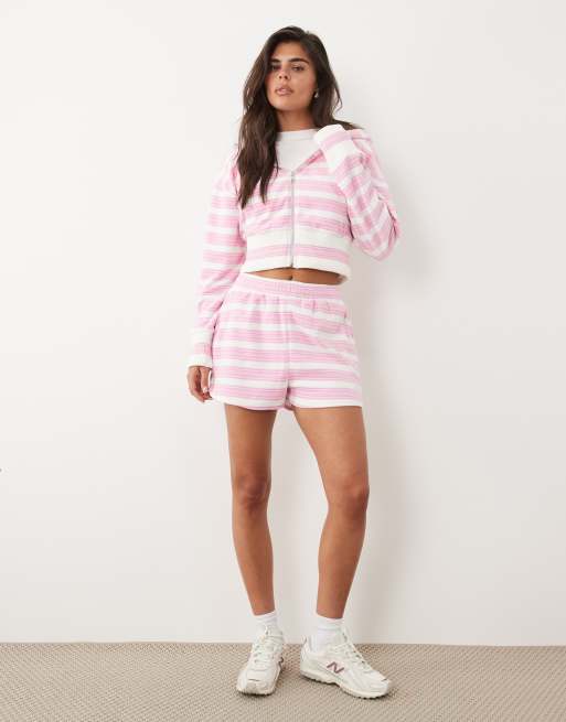 Kaiia - Sweat à capuche d'ensemble oversize en tissu éponge riche en coton avec logo brodé et bande latérale - Rose et blanc rayé, 2 de 4