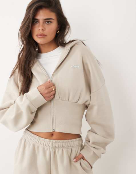 Kaiia - Sweat à capuche d'ensemble zippé riche en coton avec logo en métal argenté et taille cintrée - Taupe cendré - view 1