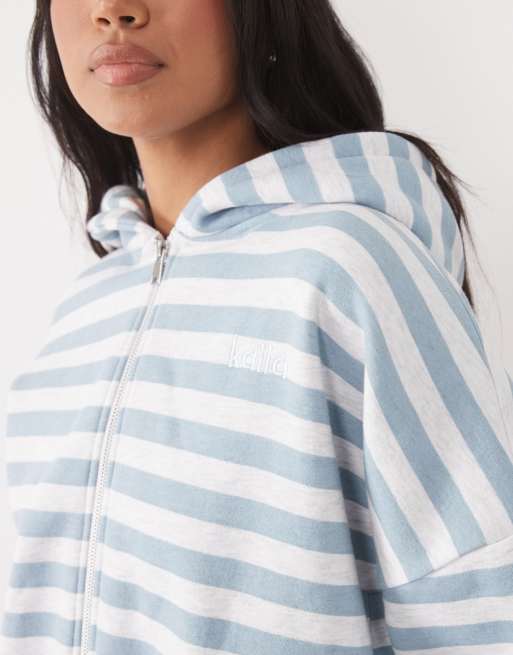 Kaiia - Sweat à capuche d'ensemble zippé riche en coton majoritaire avec logo brodé - Bleu et blanc rayé, 3 de 4
