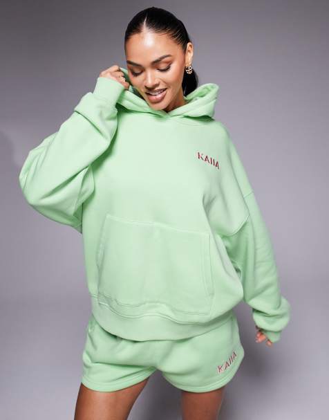 Kaiia - Sweat à capuche oversize d'ensemble en coton majoritaire à imprimé Miami Beach et palmier au dos - Citron vert - view 1