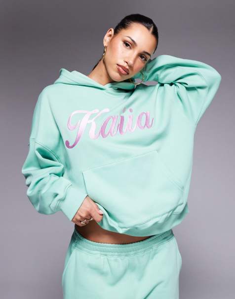 Kaiia - Sweat à capuche oversize d'ensemble en coton mélangé avec logo brodé - Vert et rose - view 1