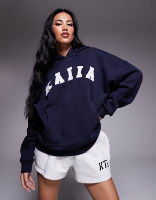 Kaiia - Sweat à capuche oversize en coton mélangé avec logo brodé - Bleu marine