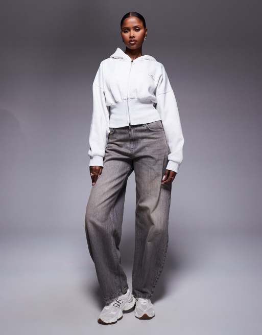 Kaiia - Sweat à capuche zippé en coton majoritaire à taille cintrée et épaules tombantes - Gris clair  , 2 de 4