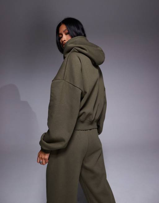 Kaiia - Sweat à capuche zippé oversize d'ensemble en coton majoritaire avec logo brodé - Kaki  , 3 de 4