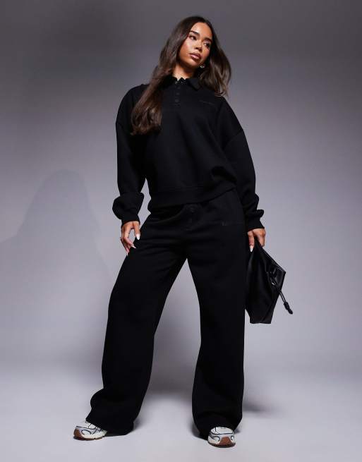 Kaiia - Sweat d'ensemble en coton majoritaire à col boutonné et logo - Noir  , 2 de 4