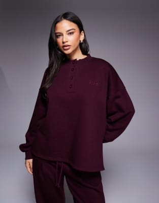 Sweat d'ensemble oversize en coton mélangé avec col boutonné - Bordeaux-Rouge 38
