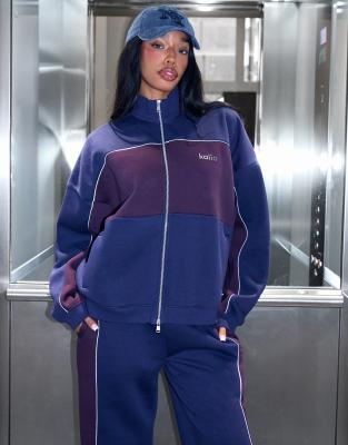 Sweat d'ensemble oversize zippé riche en coton avec rayures contrastées - Bleu marine et bordeaux-Multicolore 42