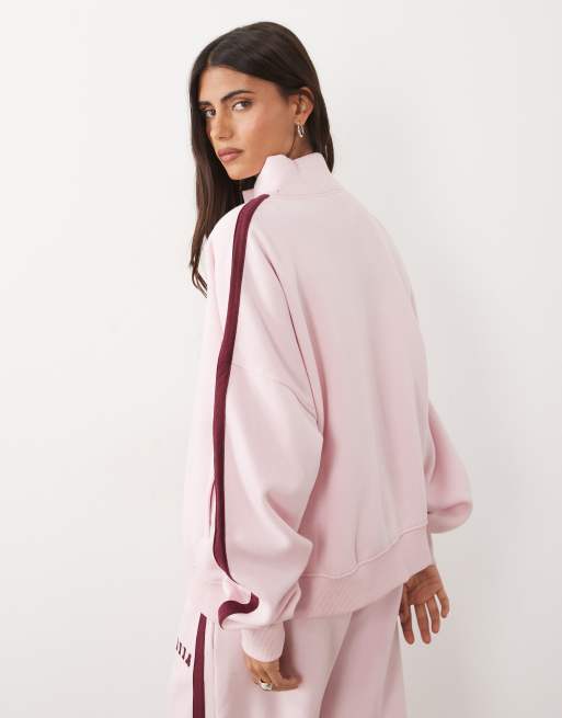 Kaiia sweat-shirt oversize zippé à col montant avec logo brodé en coton, ensemble coordonné, rose bébé et bordeaux, 3 de 4