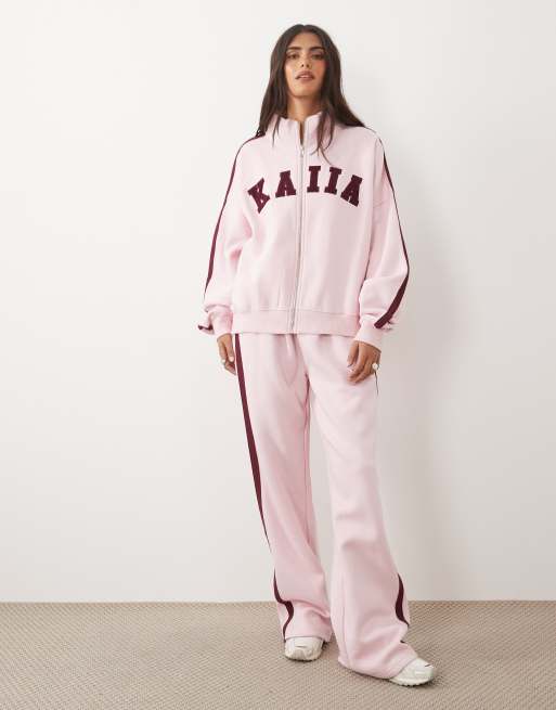 Kaiia sweat-shirt oversize zippé à col montant avec logo brodé en coton, ensemble coordonné, rose bébé et bordeaux, 4 de 4