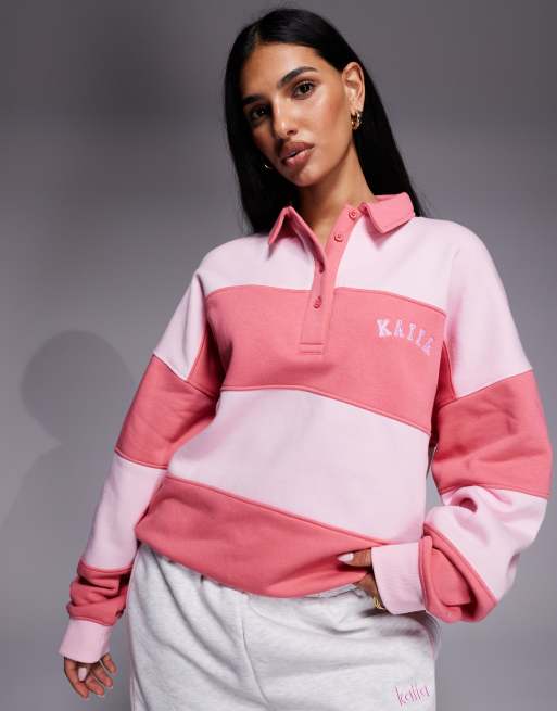 Kaiia - Sweat-shirt style rugby oversize à rayures - Rose pastel et corail