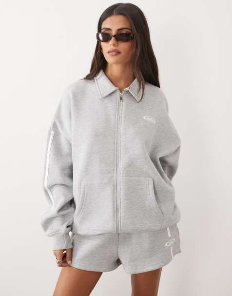 Kaiia sweatshirt-co-ord met veel katoen, geborduurd logodetail, zijstreep, oversized, met rits en kraag in lichtgrijs gemêleerd - view 1