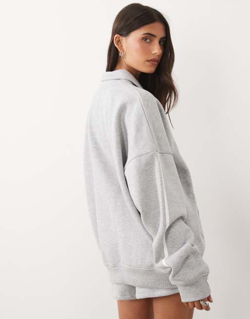 Kaiia sweatshirt-set med broderad logga, sidostripesdetalj, oversize, dragkedja och krage i ljusgrå melerad bomullsmix, 4 av 4