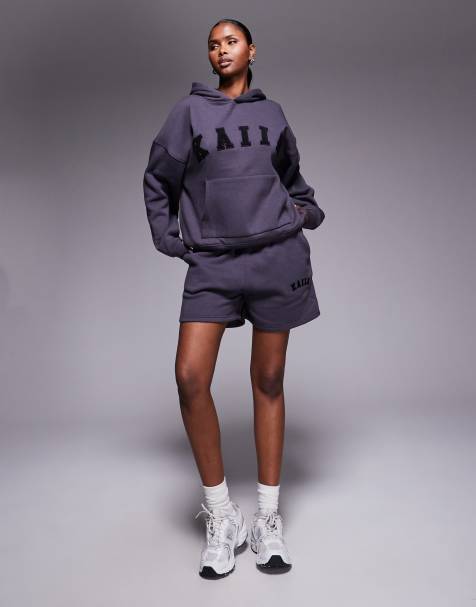 Kaiia – Sweatshorts aus Baumwollmix in Dunkelgrau mit Logo-Stickerei, Kombiteil   - view 1