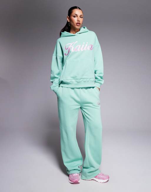 Kaiia - Swirl - Felpa con cappuccio oversize in misto cotone verde e rosa con logo ricamato in coordinato  , 2 di 4