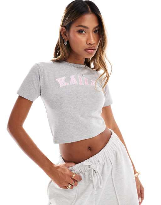 Kaiia - T-shirt corta grigio chiaro con logo ricamato