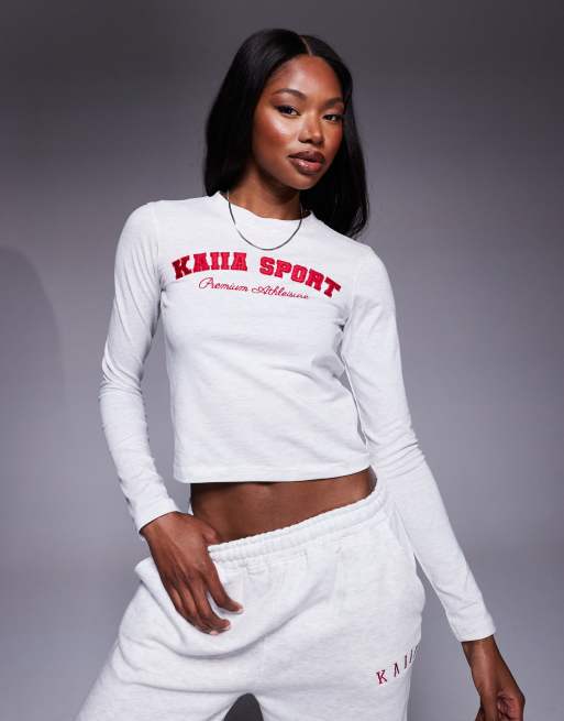 Kaiia - T-shirt crop top manches longues d'ensemble à logo brodé - Gris chiné clair et rouge