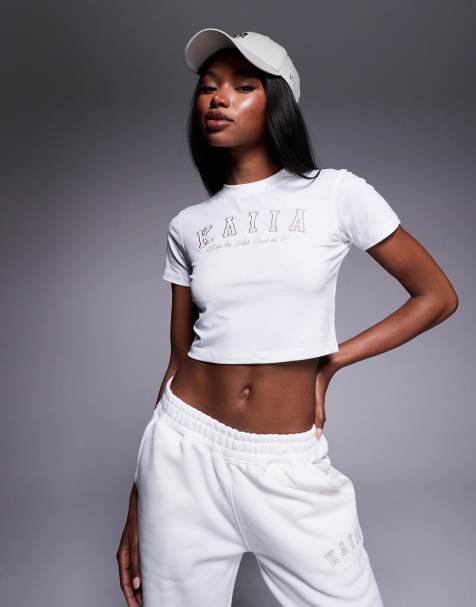 Kaiia - T-shirt crop top riche en coton à logo brodé - Blanc et sable - view 1