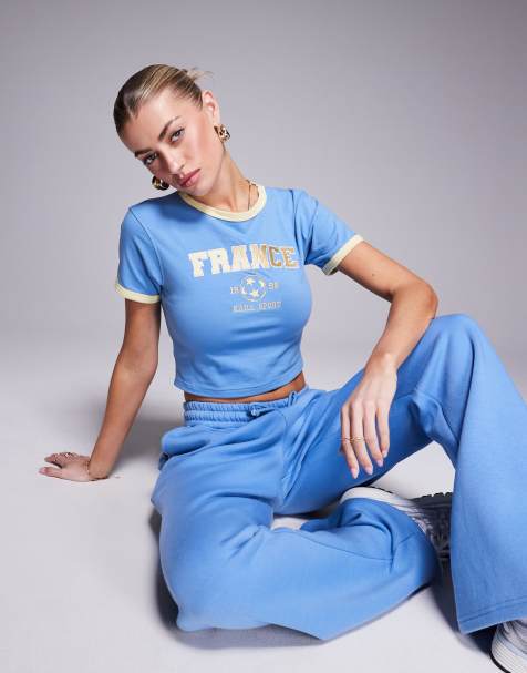 Kaiia - T-shirt mini blu e gialla in misto cotone con stampa France e finiture sportive a contrasto in coordinato - view 1