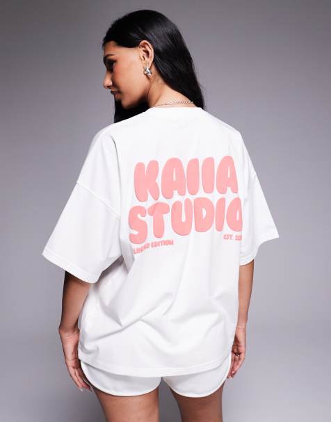 Kaiia - T-shirt oversize bianca e rossa in misto cotone con stampa del logo in rilievo in coordinato - view 1