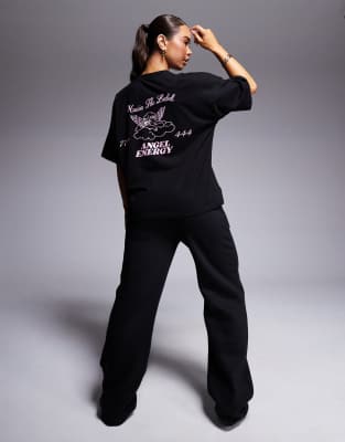 Kaiia - T-shirt oversize d'ensemble avec imprimé logo et ange - Noir et rose - view 1