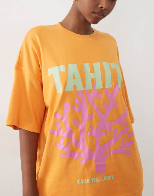 Kaiia - T-shirt oversize in misto cotone arancione e rosa con grafica "Tahiti" in coordinato , 4 di 4