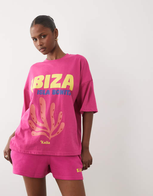 Kaiia - T-shirt oversize in misto cotone rosa acceso e arancione con grafica Ibiza in coordinato , 1 di 4