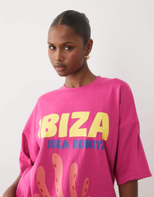 Kaiia - T-shirt oversize in misto cotone rosa acceso e arancione con grafica Ibiza in coordinato , 3 di 4