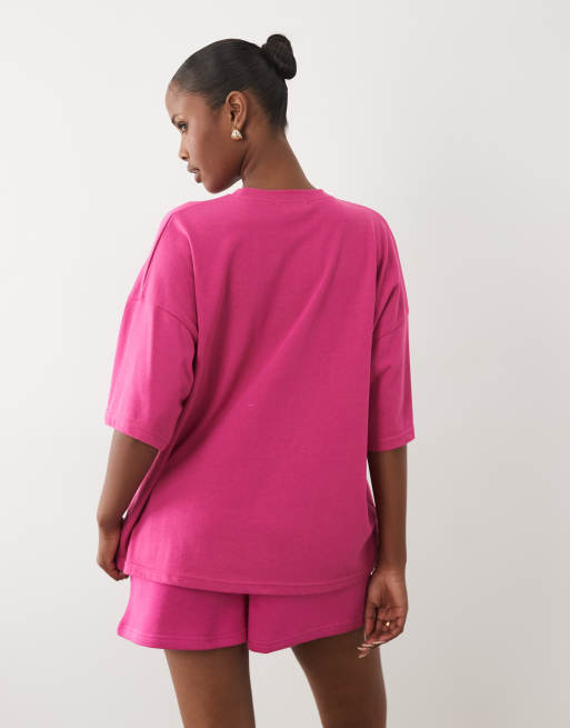 Kaiia - T-shirt oversize in misto cotone rosa acceso e arancione con grafica Ibiza in coordinato , 4 di 4