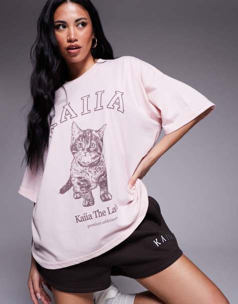 Kaiia - T-shirt oversize in misto cotone rosa con logo e grafica di gattino - view 1