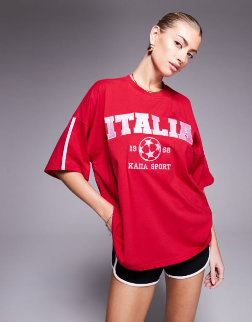 Kaiia - T-shirt sportiva oversize girocollo rossa con scritta “Italia” rosa